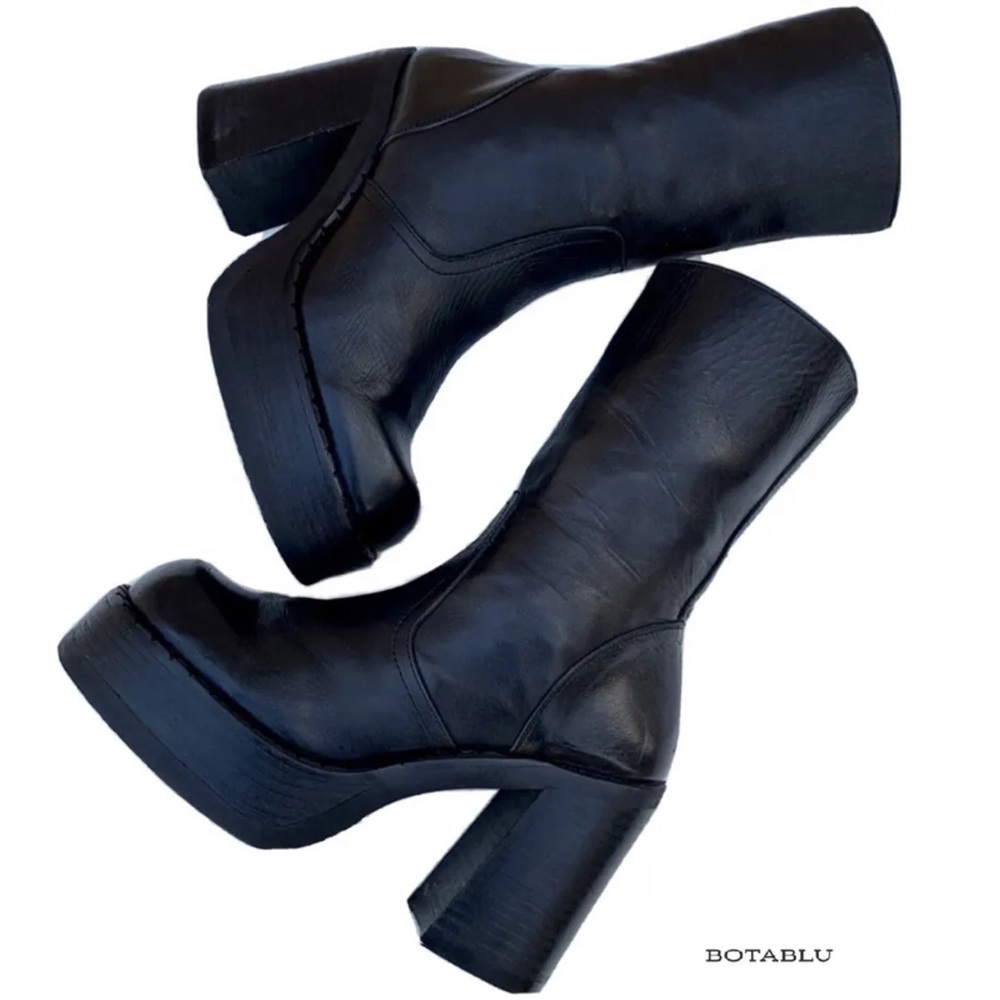 DESTROY Rare Platform Chunky Square Toe Black Leather Vintage Y2K Ankle Boots 39